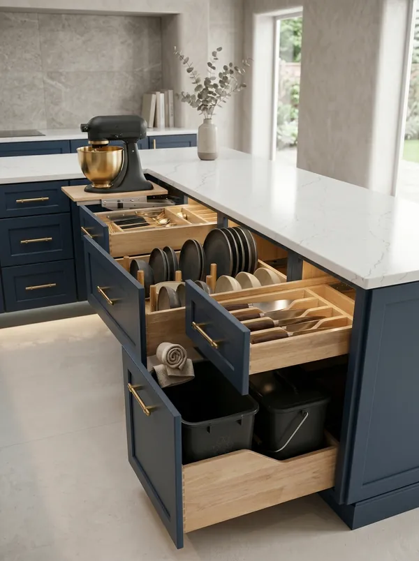 Emerald Blue island with organizers — Vita Cabinetry