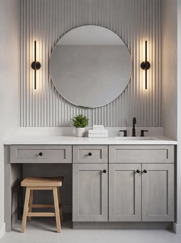 Gray vanity with makeup seat — Vita Cabinetry